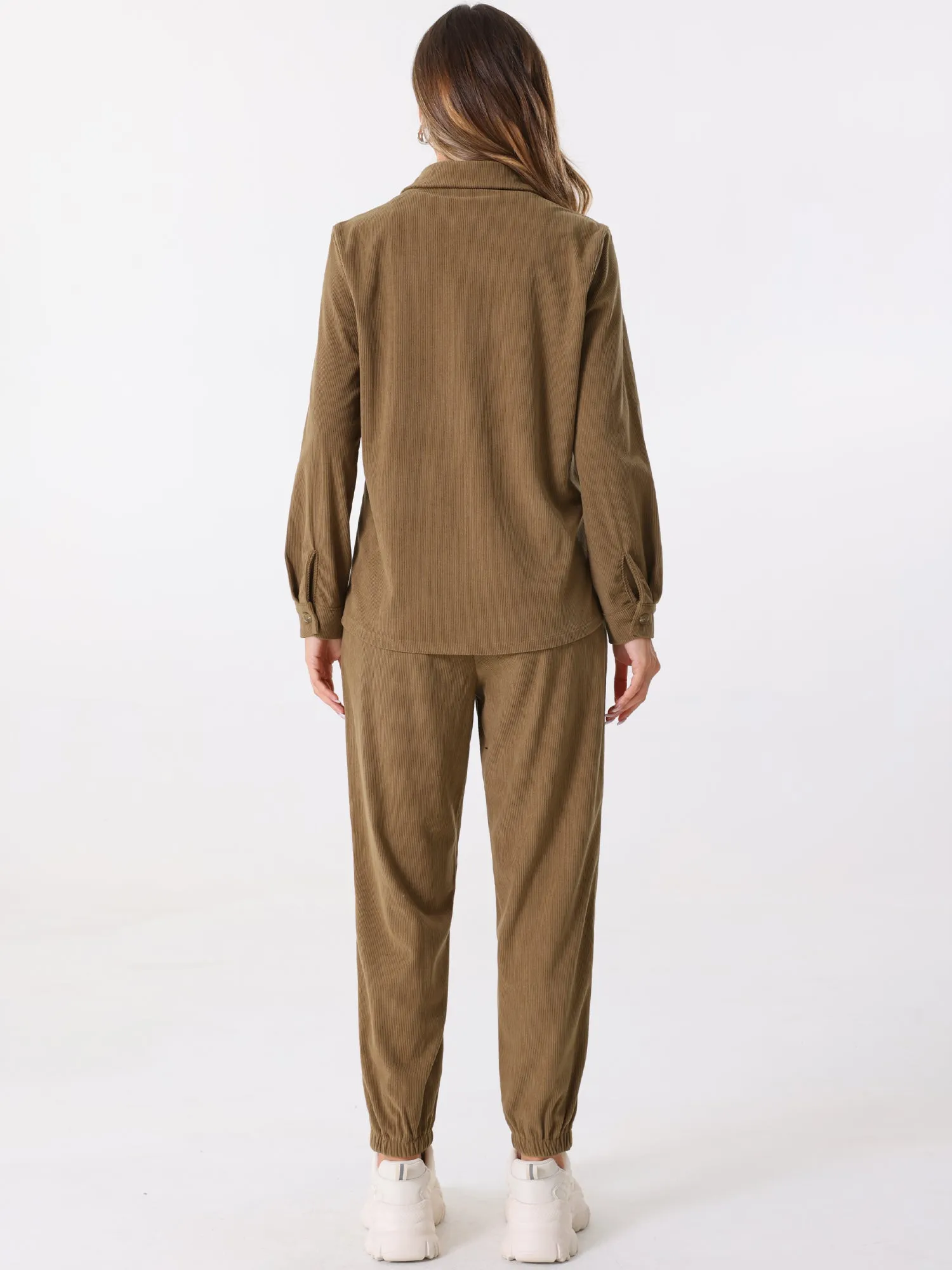 2 Pieces Corduroy Long Sleeve Button Down Shirt & Pocketed Jogger Pants Tracksuit Set