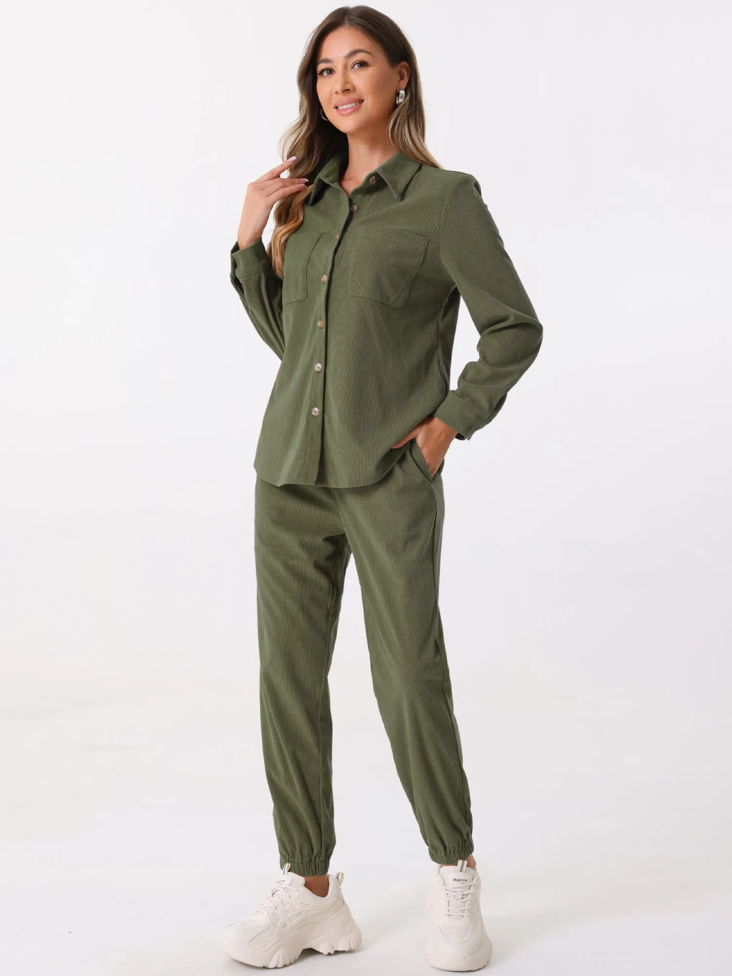 2 Pieces Corduroy Long Sleeve Button Down Shirt & Pocketed Jogger Pants Tracksuit Set