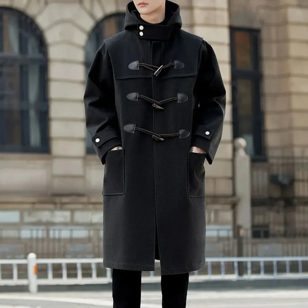 Bonsir Mens Windbreaker Horn Button Casual Cape Coat Autumn Streetwear Fashion All-Match Commuting Long Hooded Jacket Men'S Clothing