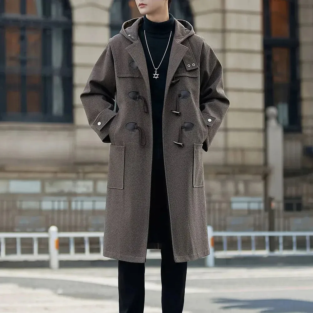 Bonsir Mens Windbreaker Horn Button Casual Cape Coat Autumn Streetwear Fashion All-Match Commuting Long Hooded Jacket Men'S Clothing