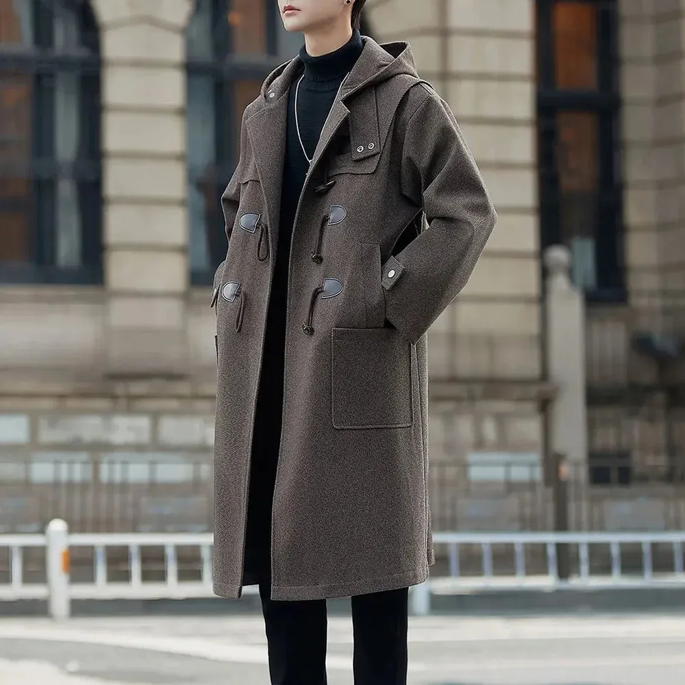 Bonsir Mens Windbreaker Horn Button Casual Cape Coat Autumn Streetwear Fashion All-Match Commuting Long Hooded Jacket Men'S Clothing