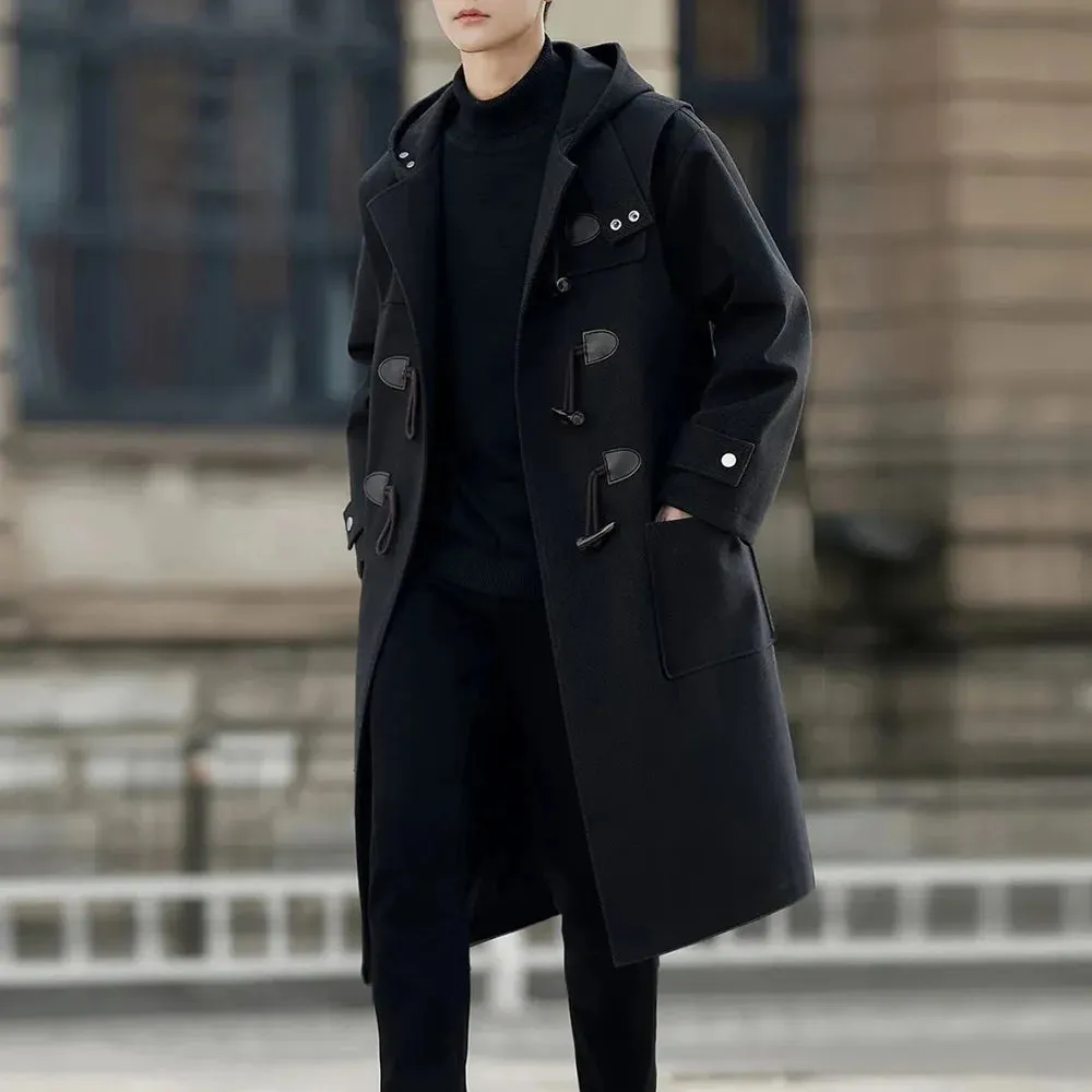 Bonsir Mens Windbreaker Horn Button Casual Cape Coat Autumn Streetwear Fashion All-Match Commuting Long Hooded Jacket Men'S Clothing