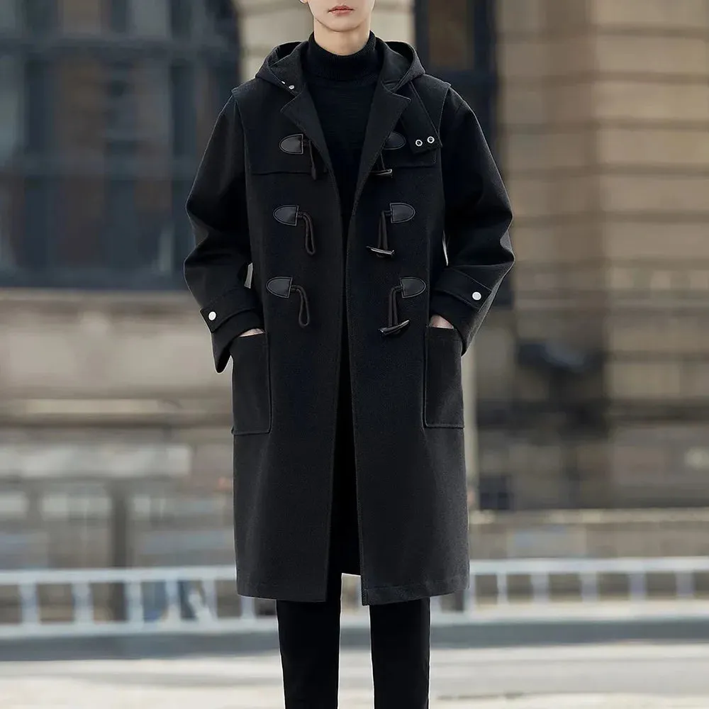 Bonsir Mens Windbreaker Horn Button Casual Cape Coat Autumn Streetwear Fashion All-Match Commuting Long Hooded Jacket Men'S Clothing
