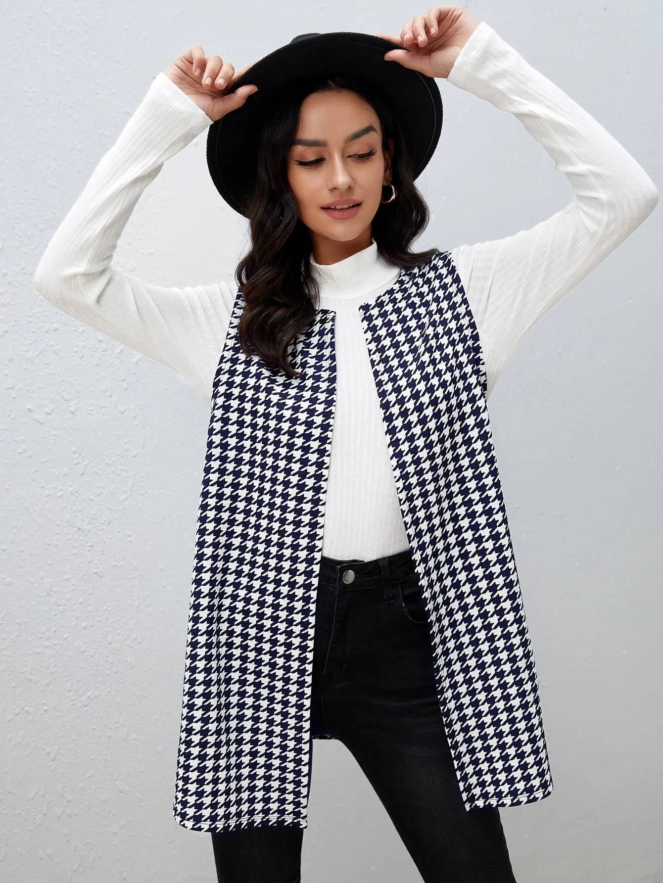 Houndstooth Print Vest Coat
