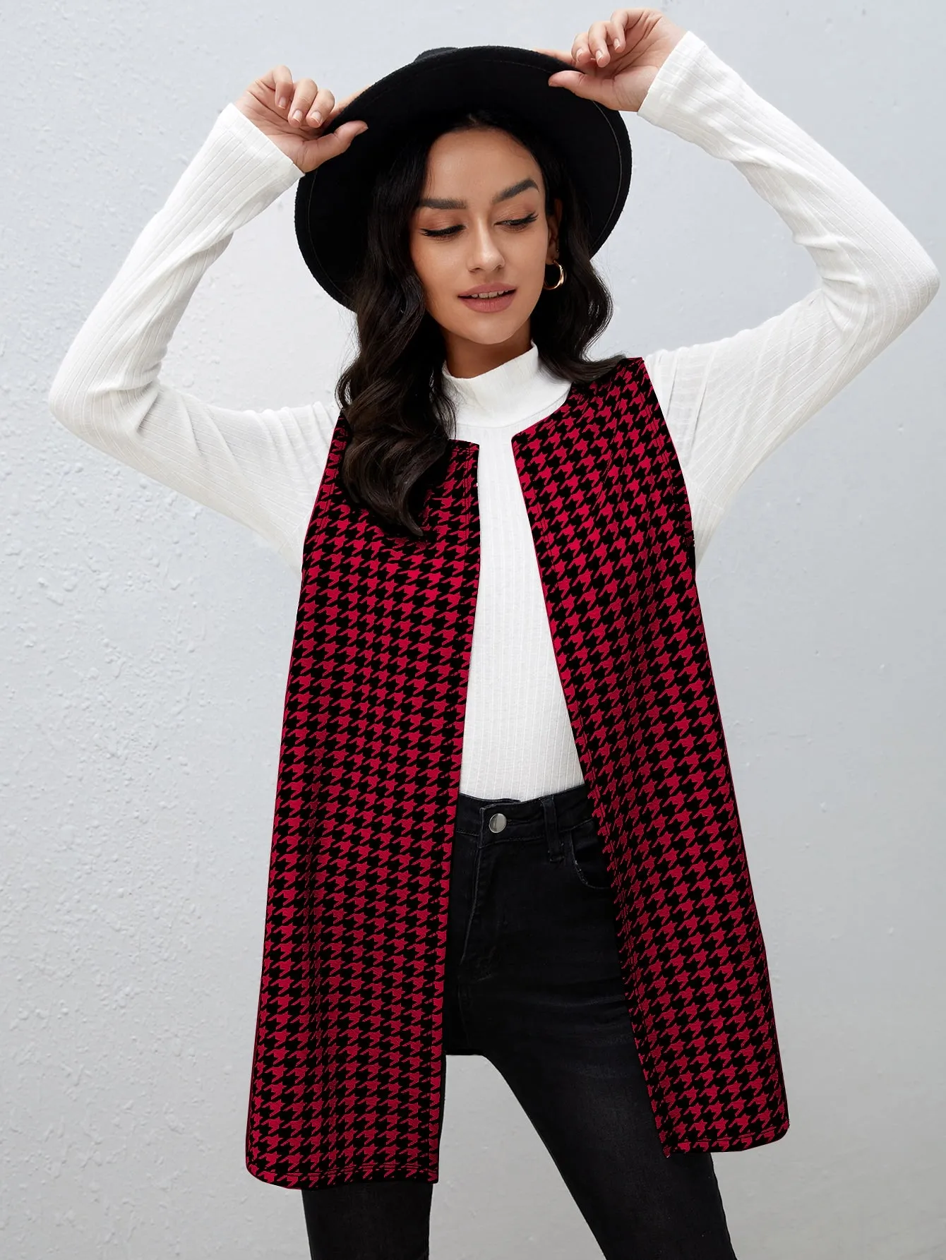 Houndstooth Print Vest Coat