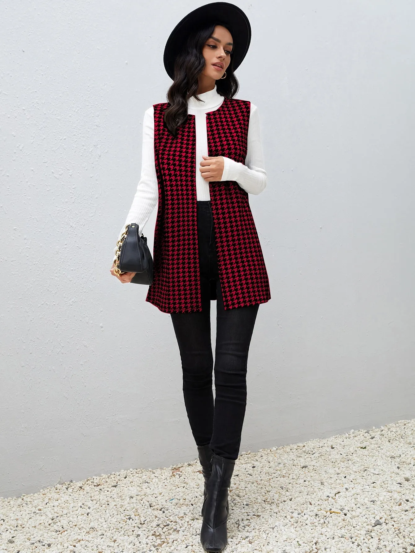 Houndstooth Print Vest Coat