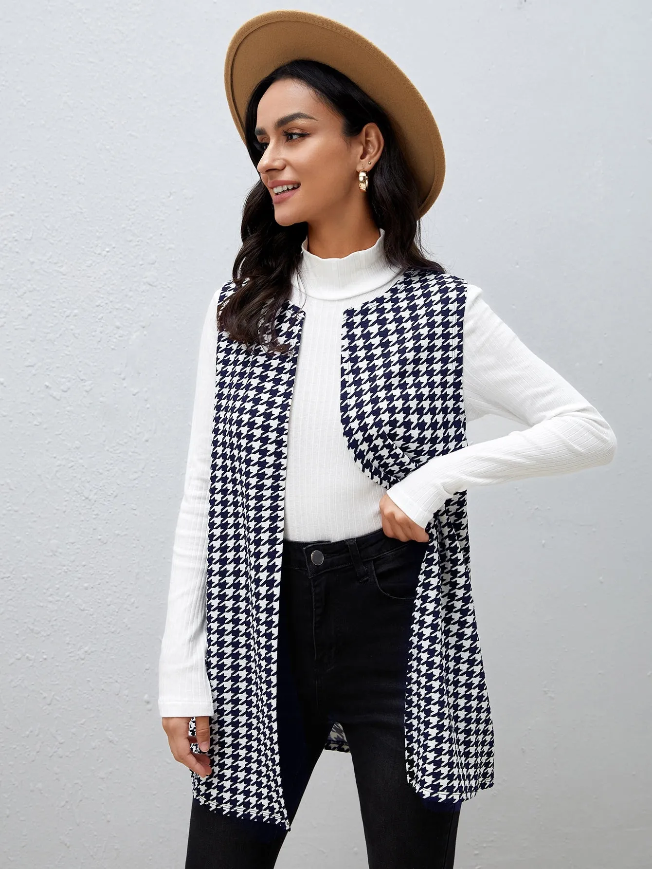 Houndstooth Print Vest Coat