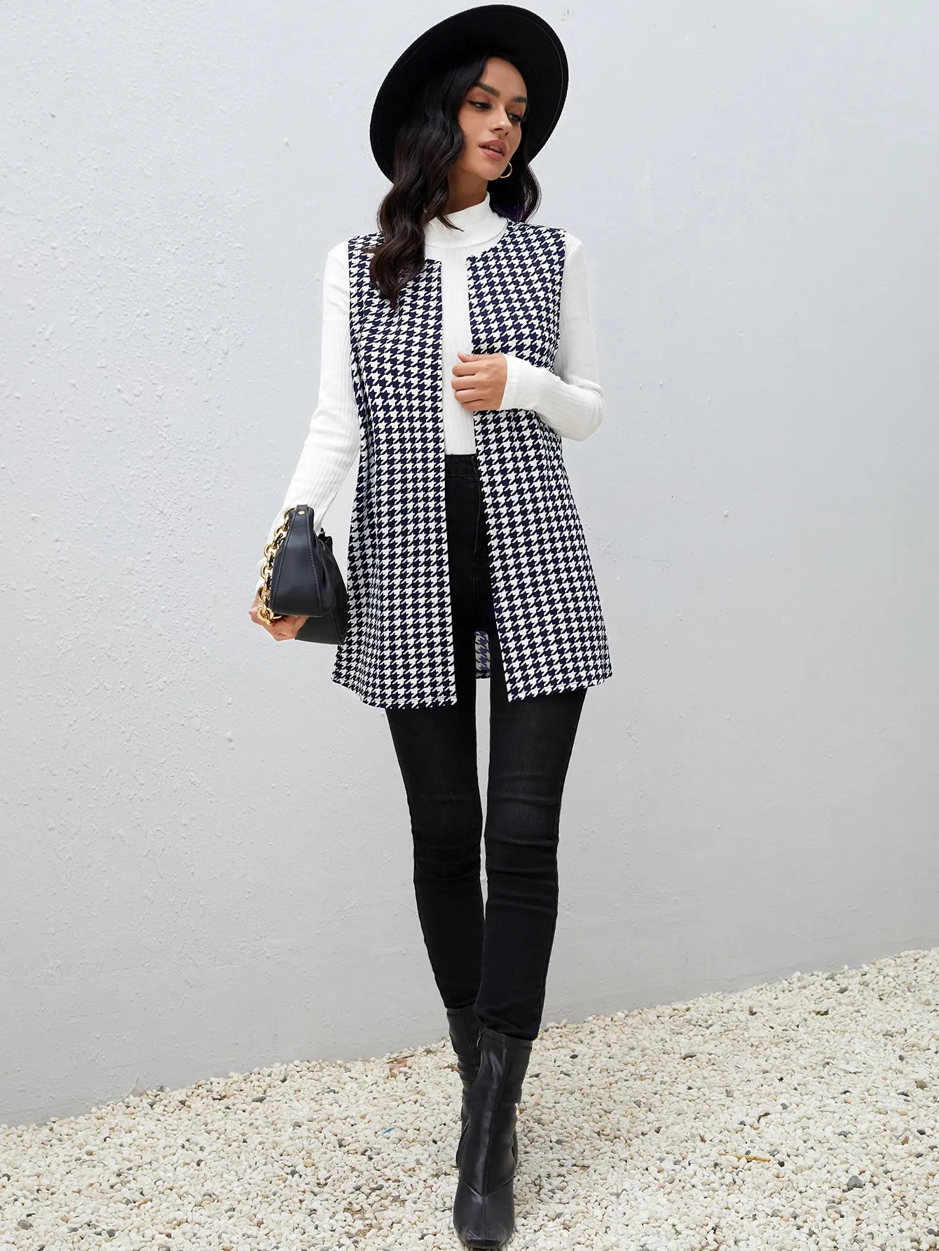 Houndstooth Print Vest Coat
