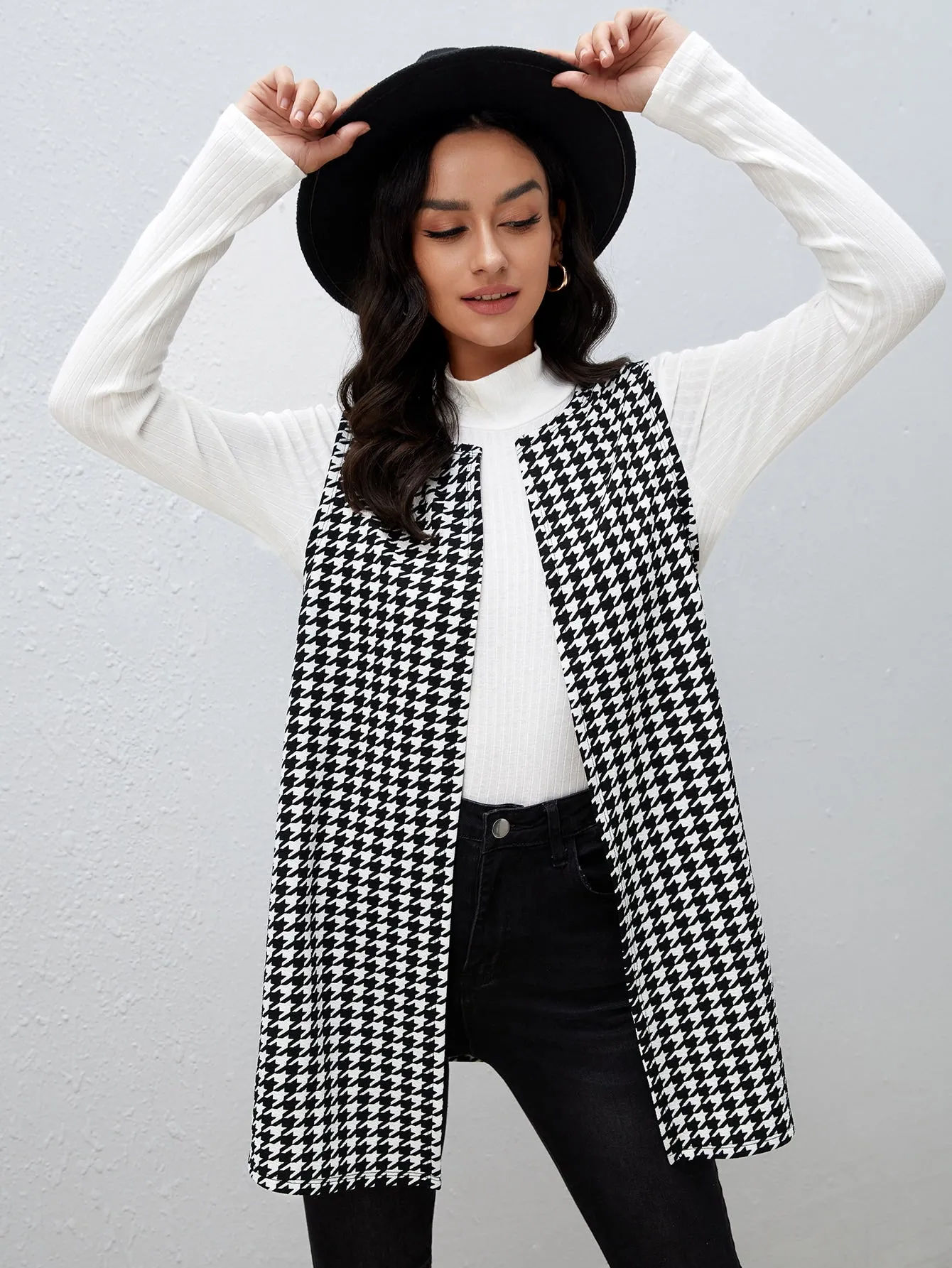 Houndstooth Print Vest Coat