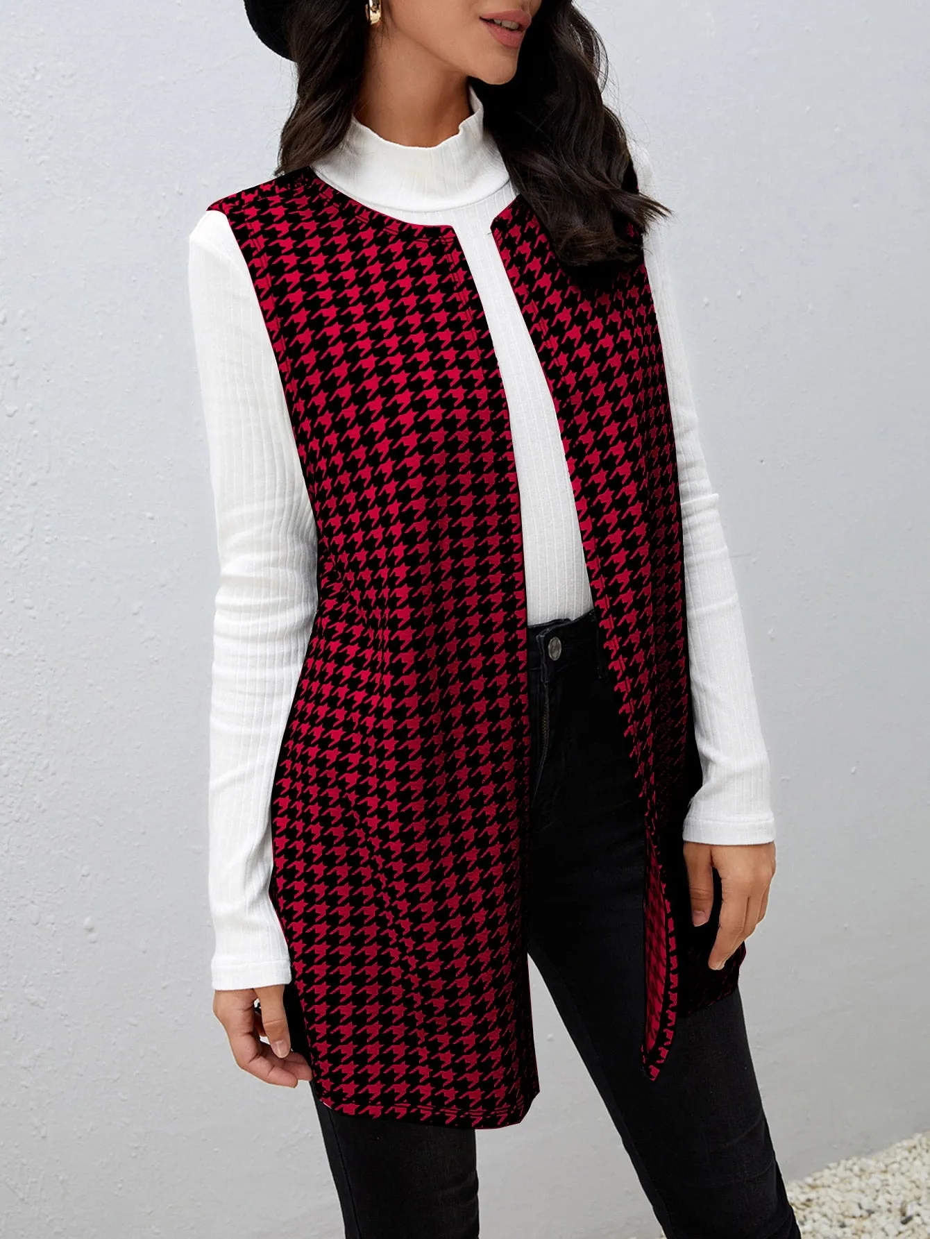 Houndstooth Print Vest Coat