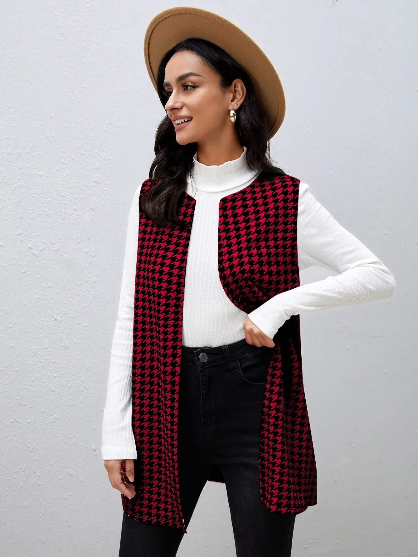 Houndstooth Print Vest Coat