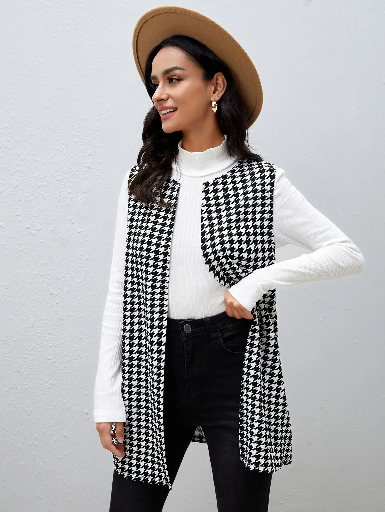 Houndstooth Print Vest Coat