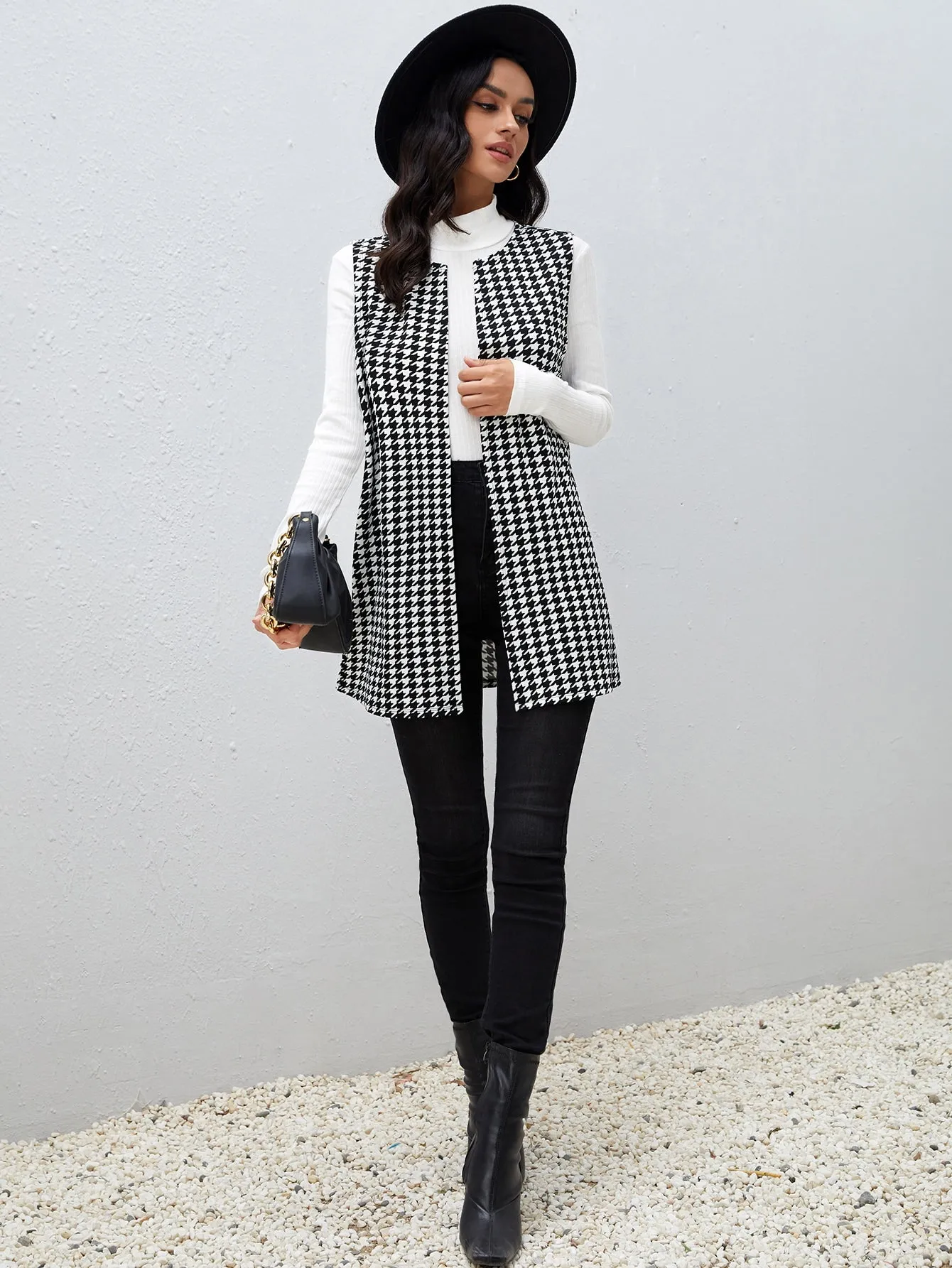 Houndstooth Print Vest Coat