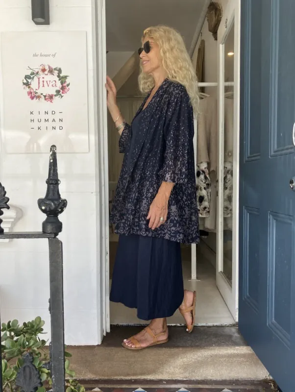 Jiva Cotton Kimono Jacket - Navy/ Mauve