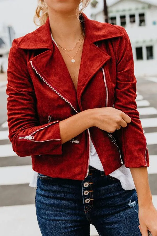 Large Lapel Collar Casual Moto Jacket Zip Up Coat