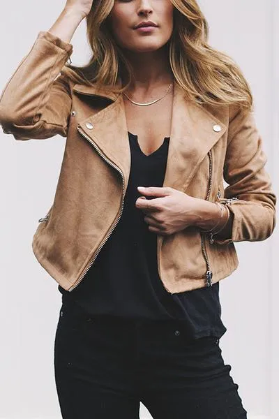 Large Lapel Collar Casual Moto Jacket Zip Up Coat
