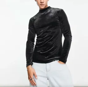 Mens Top Sexy Long-sleeved T-shirt Gold Velvet High Collar Warm Joker Top Breathable Fashion Shirt for Men
