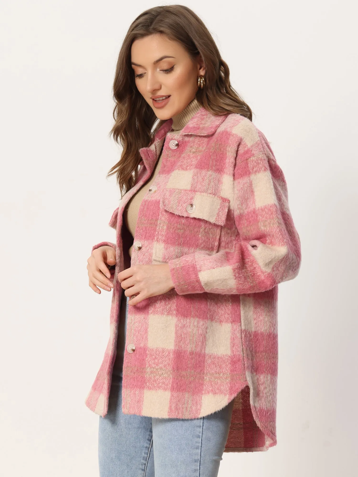 Plaid Winter Casual Jacket Two Pockets Button Front Closure Coat