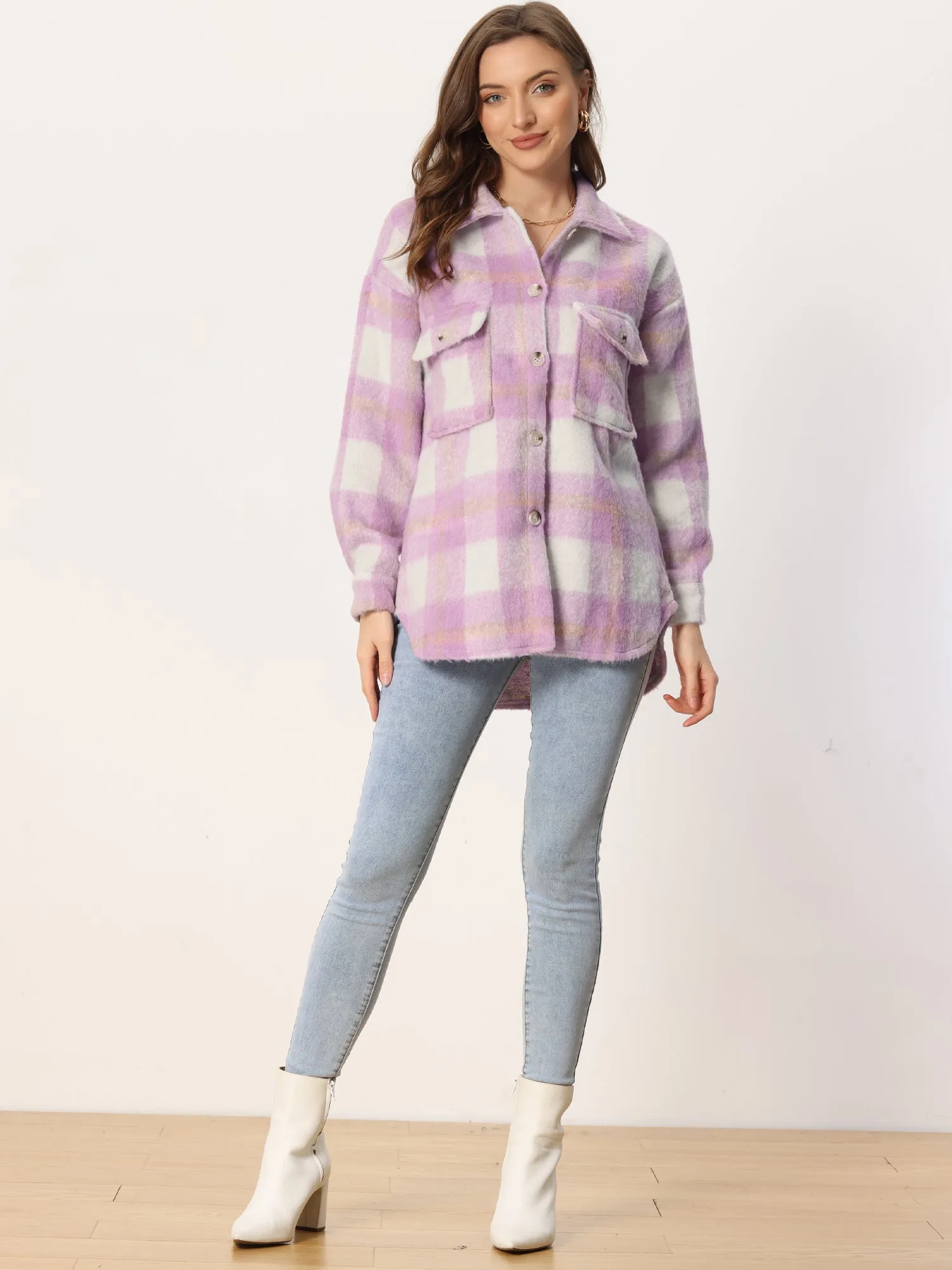 Plaid Winter Casual Jacket Two Pockets Button Front Closure Coat