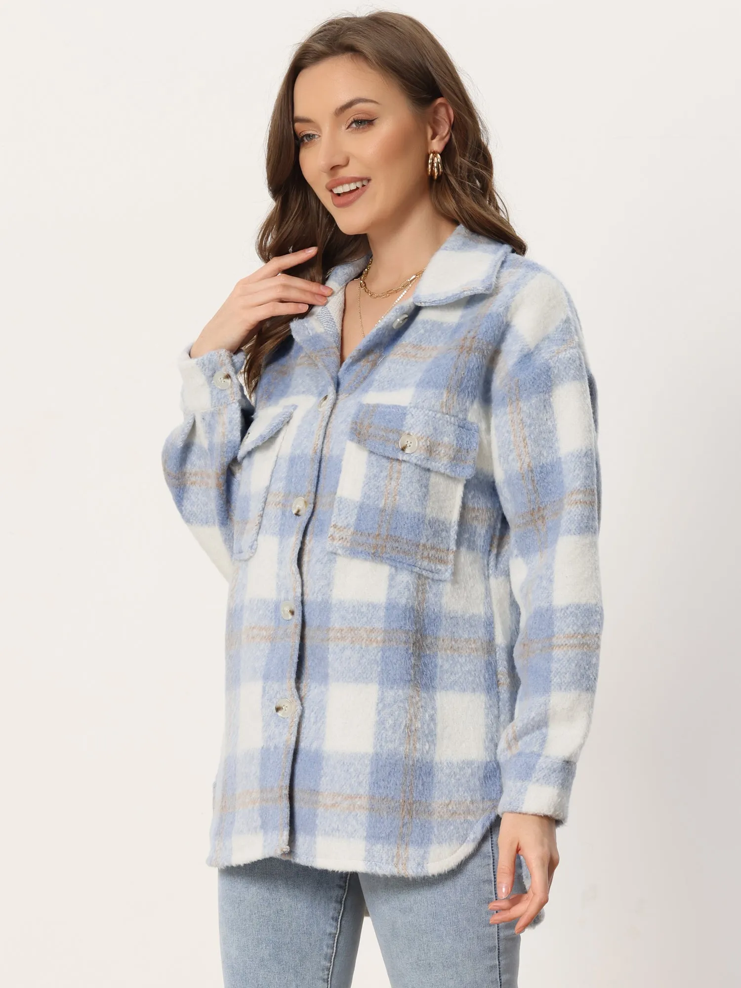 Plaid Winter Casual Jacket Two Pockets Button Front Closure Coat