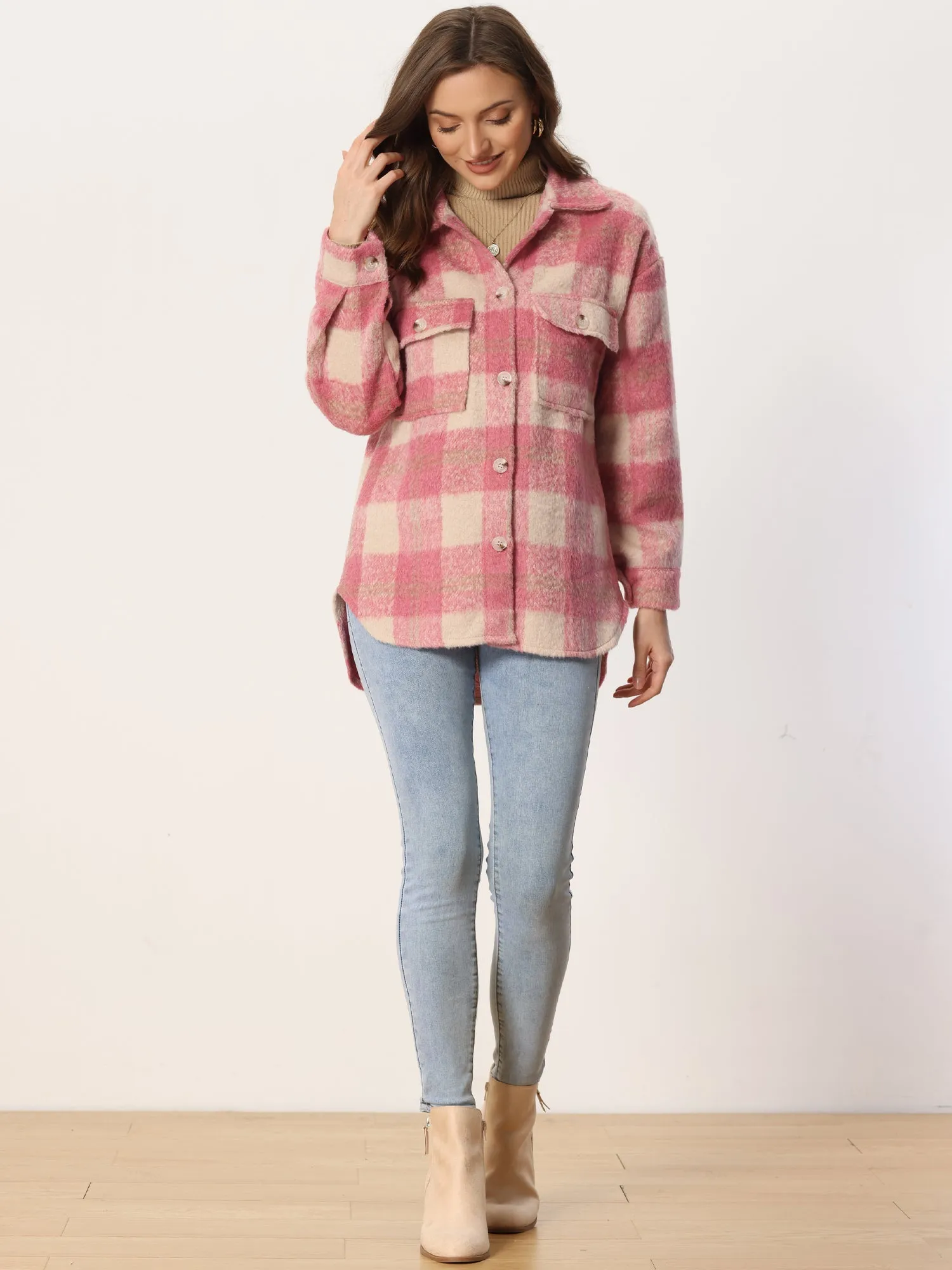 Plaid Winter Casual Jacket Two Pockets Button Front Closure Coat
