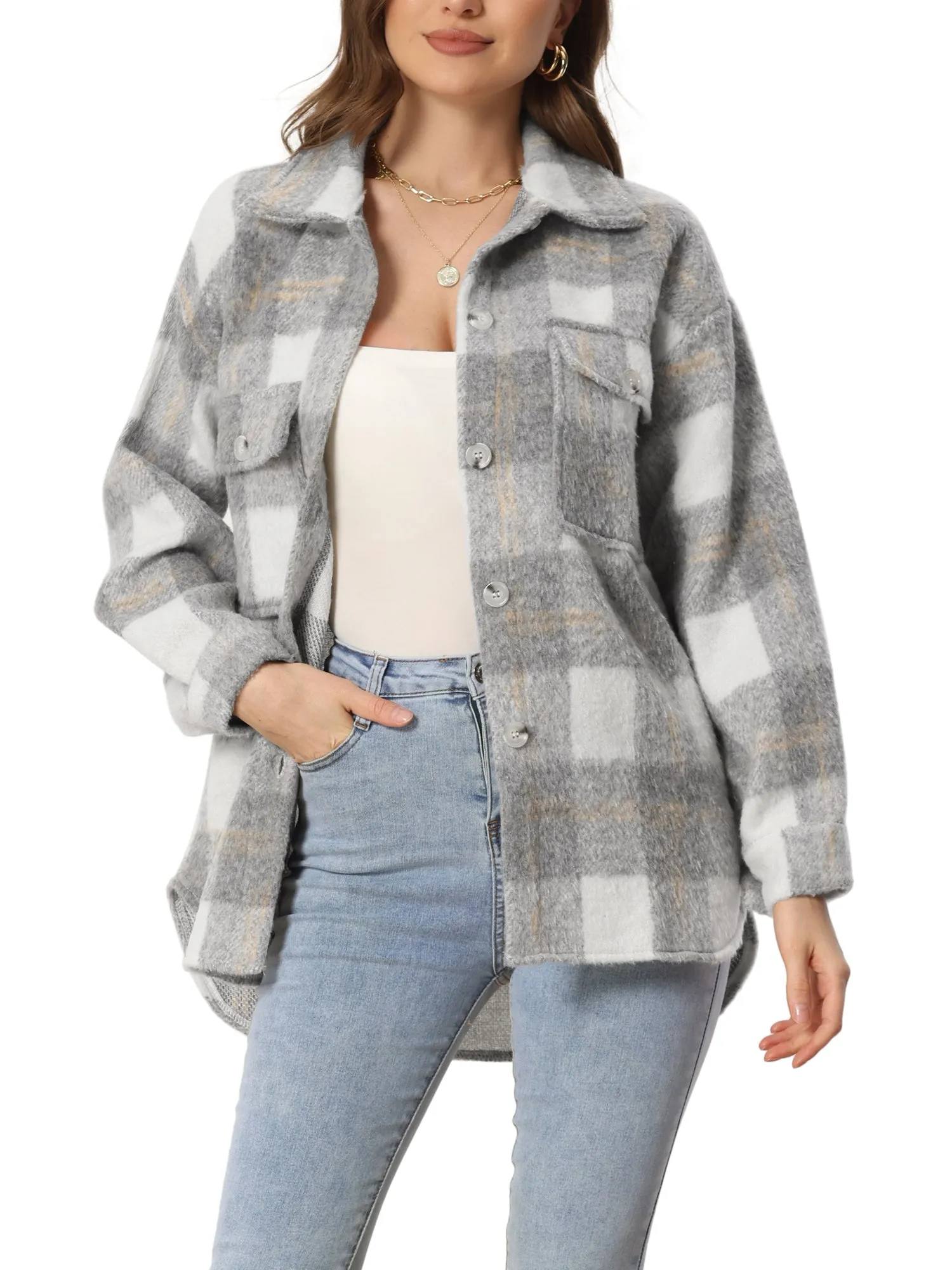 Plaid Winter Casual Jacket Two Pockets Button Front Closure Coat