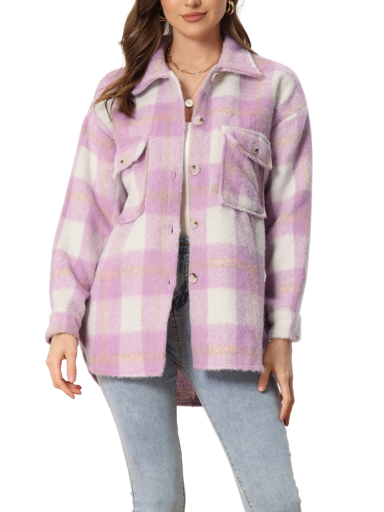 Plaid Winter Casual Jacket Two Pockets Button Front Closure Coat