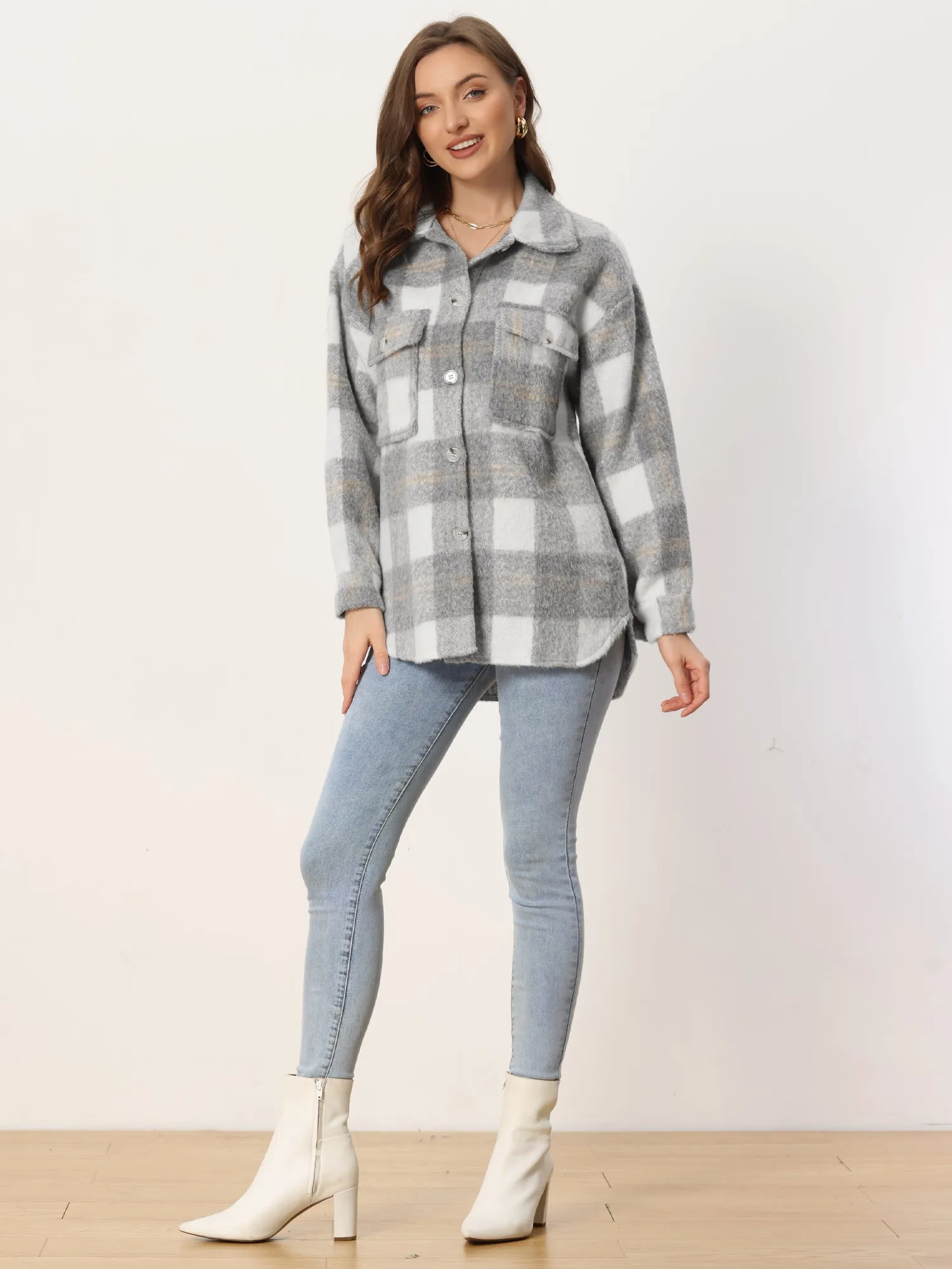 Plaid Winter Casual Jacket Two Pockets Button Front Closure Coat