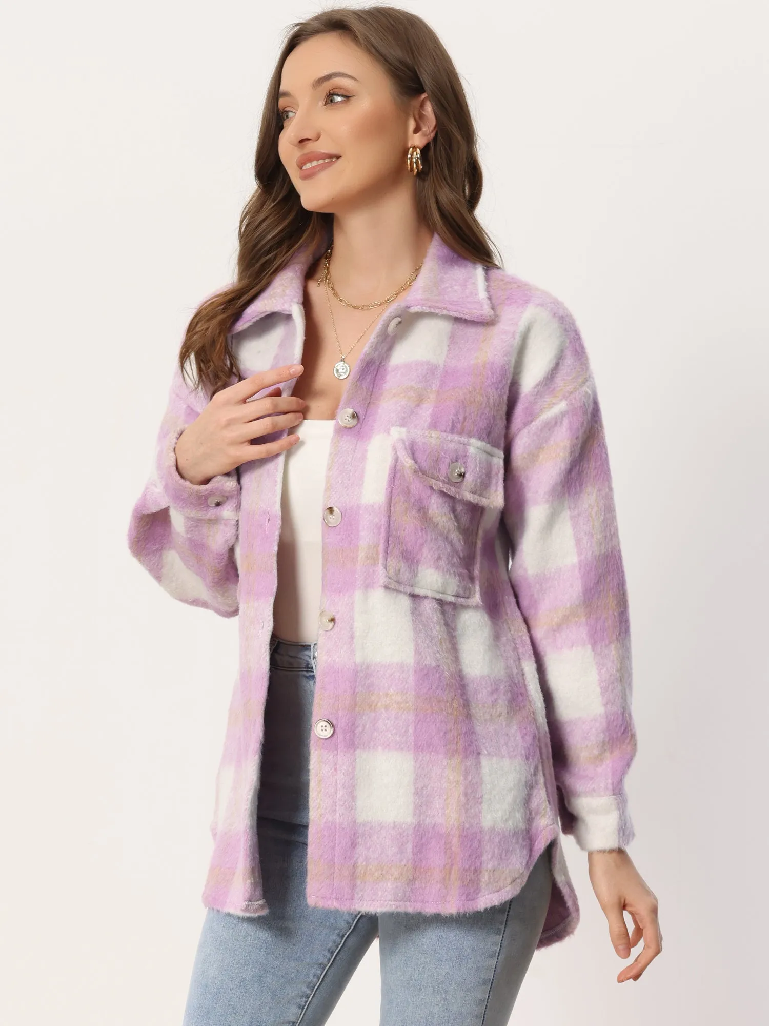 Plaid Winter Casual Jacket Two Pockets Button Front Closure Coat