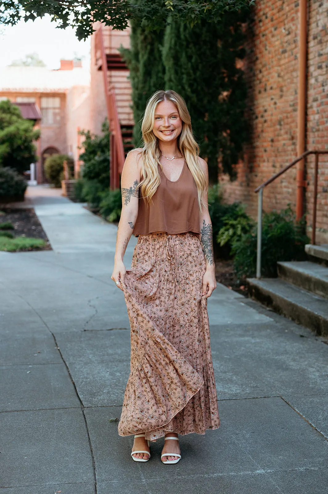 Rustic Floral Tiered Maxi Skirt W/ Tie Waist