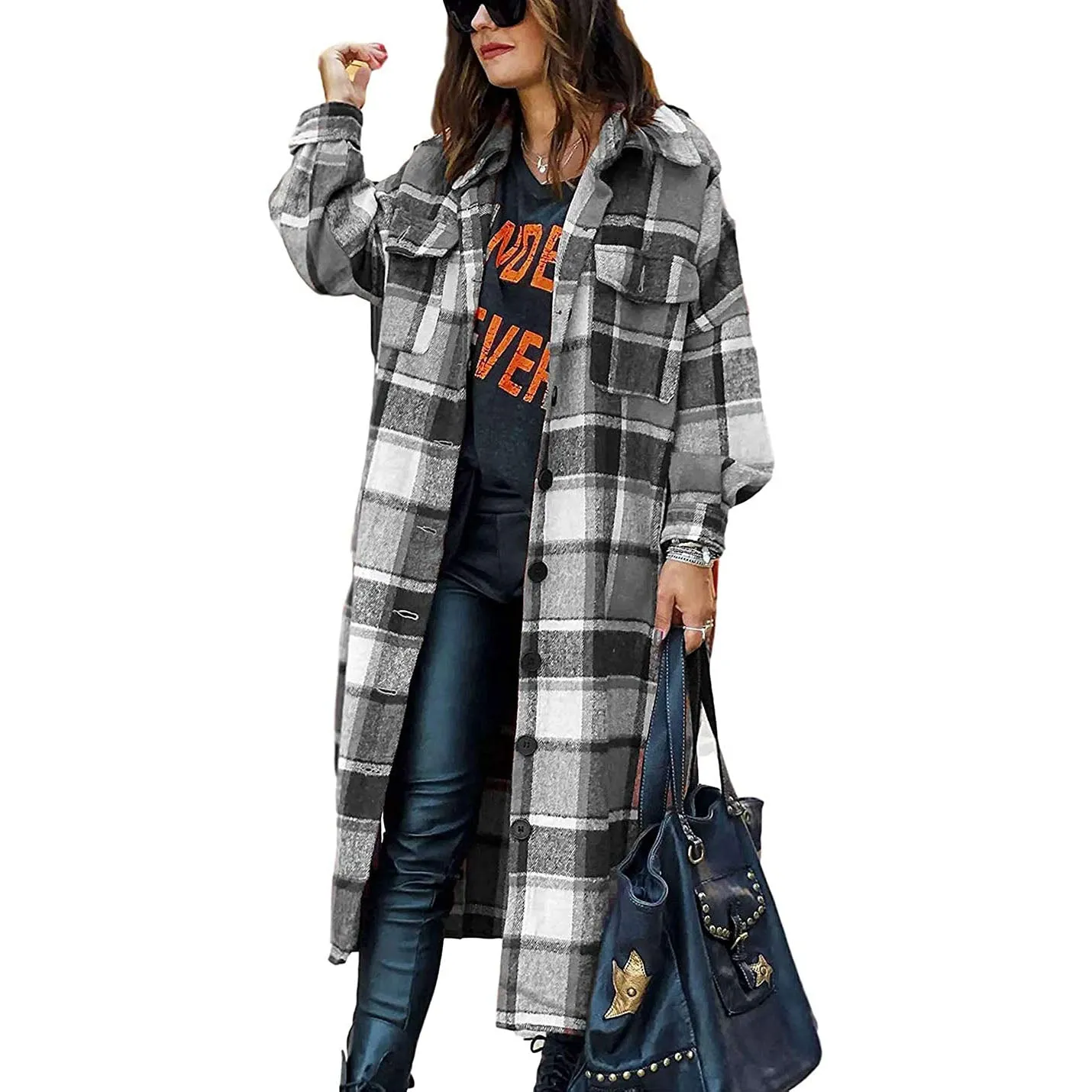 Women's Casual Lapel Button Down Long Plaid Shirt Coat Tartan Shacket Jacket