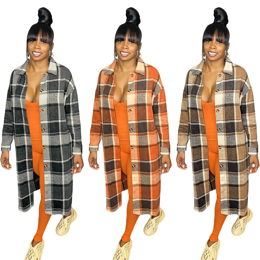 Women's Casual Plaid Flap Detail Drop Shoulder Button Up Shacket