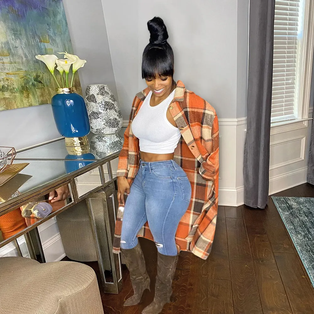 Women's Casual Plaid Flap Detail Drop Shoulder Button Up Shacket