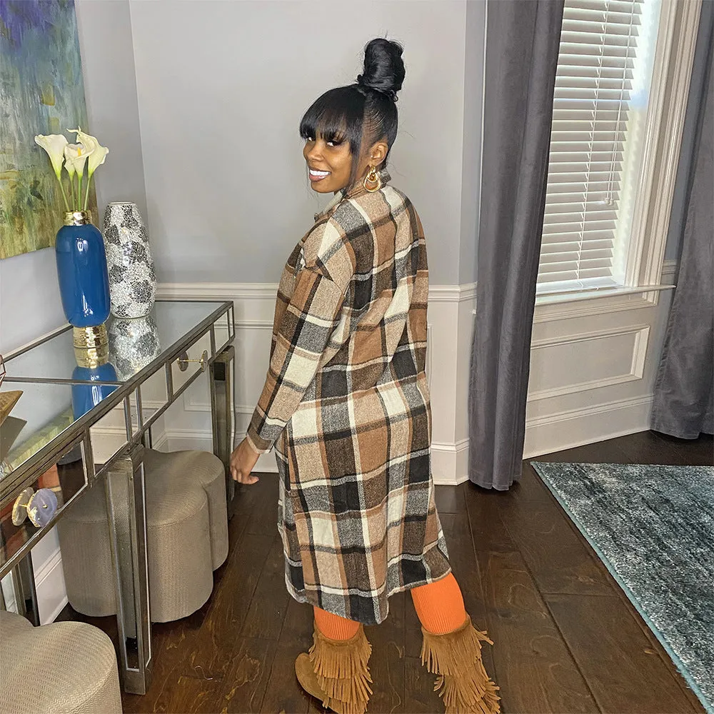 Women's Casual Plaid Flap Detail Drop Shoulder Button Up Shacket