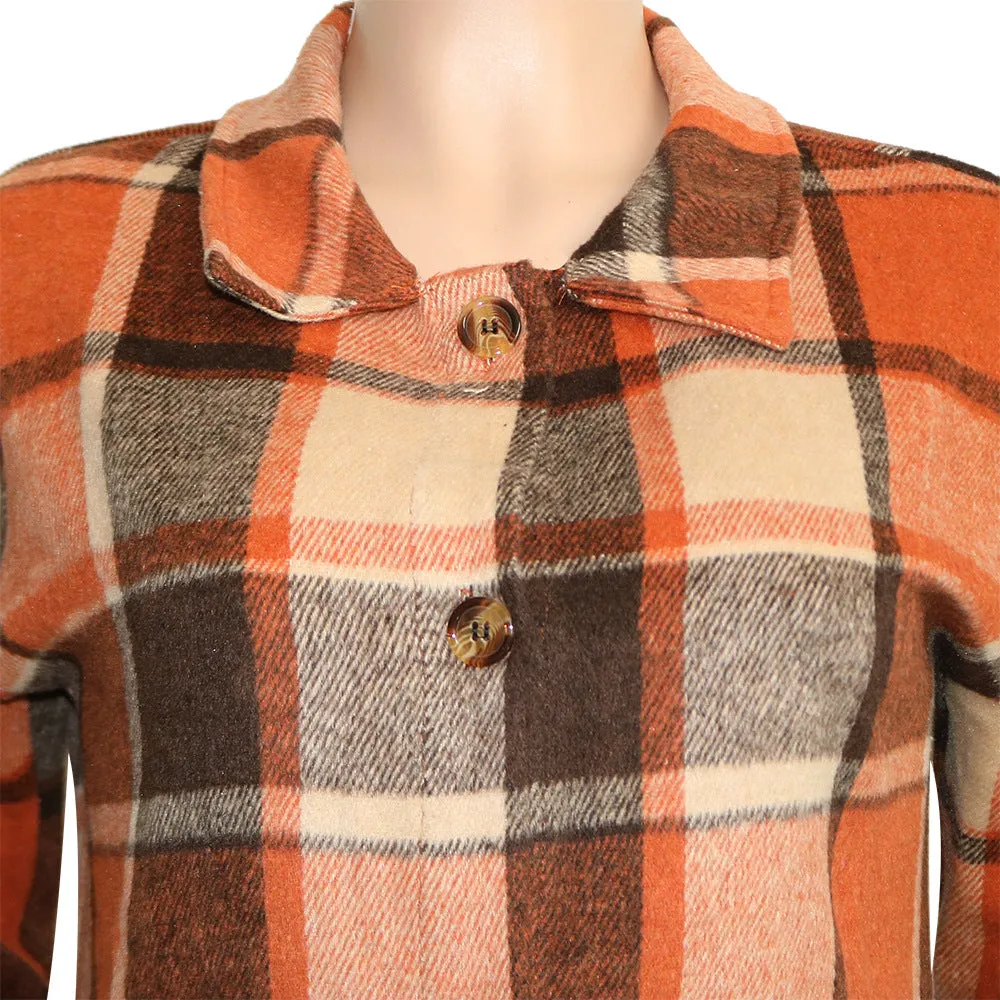 Women's Casual Plaid Flap Detail Drop Shoulder Button Up Shacket