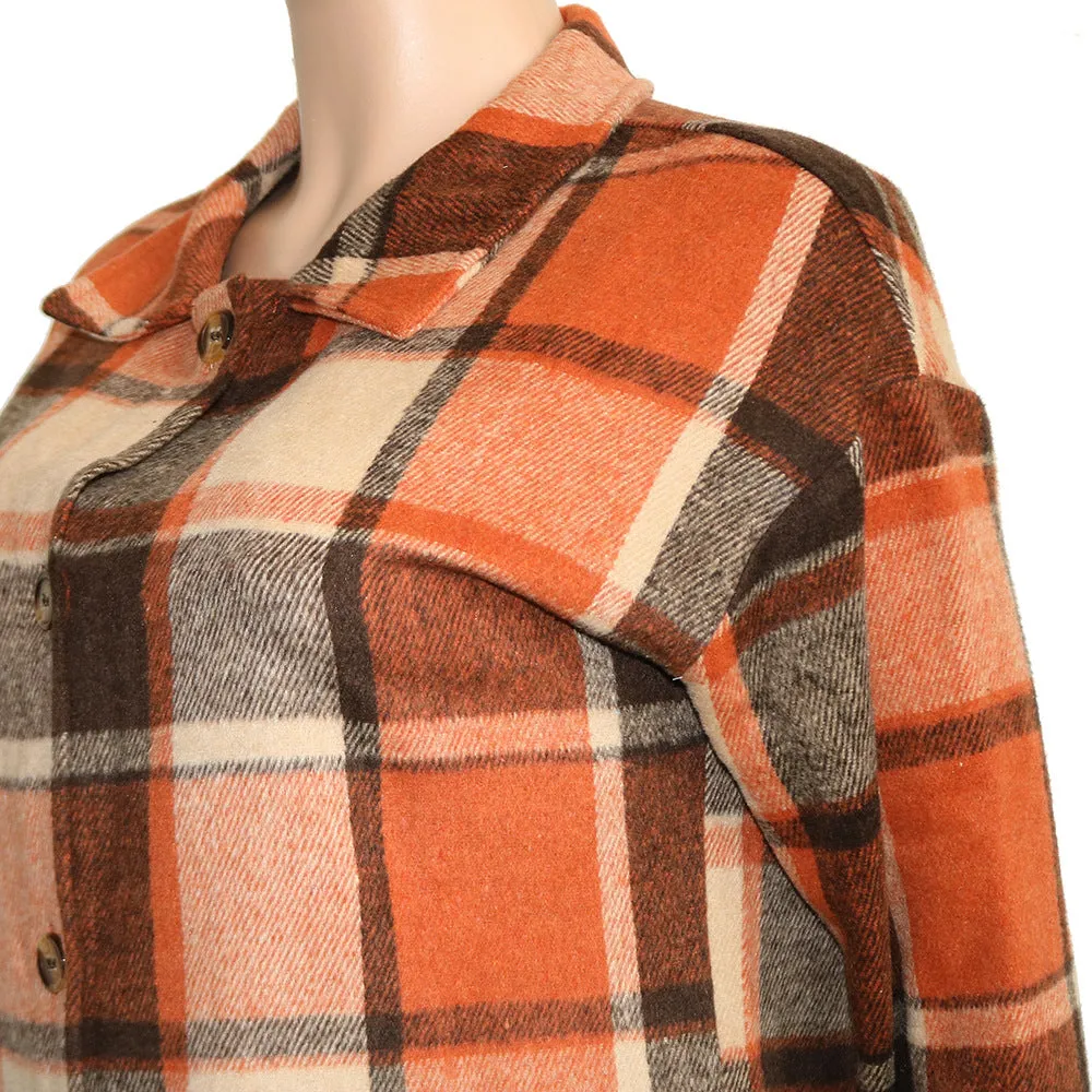 Women's Casual Plaid Flap Detail Drop Shoulder Button Up Shacket