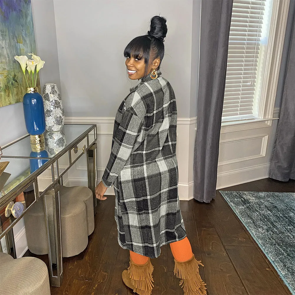 Women's Casual Plaid Flap Detail Drop Shoulder Button Up Shacket