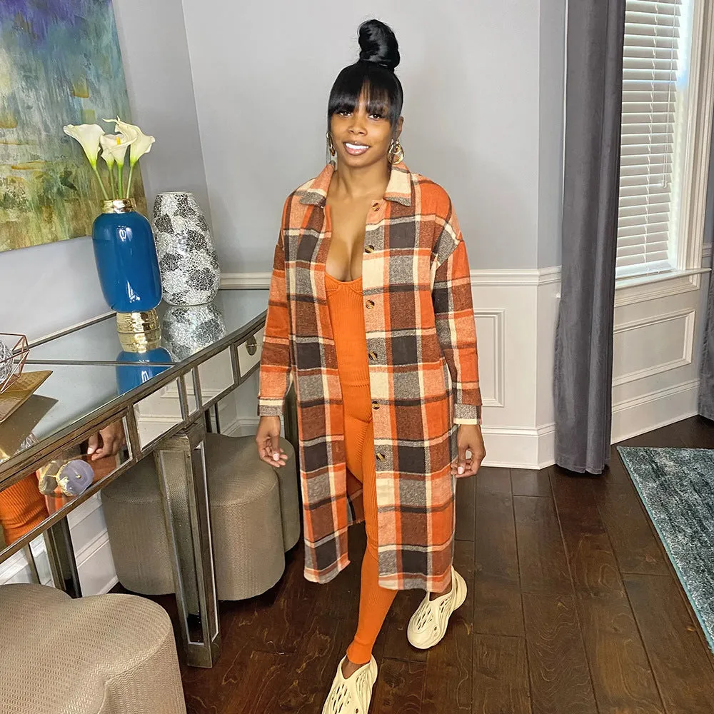 Women's Casual Plaid Flap Detail Drop Shoulder Button Up Shacket